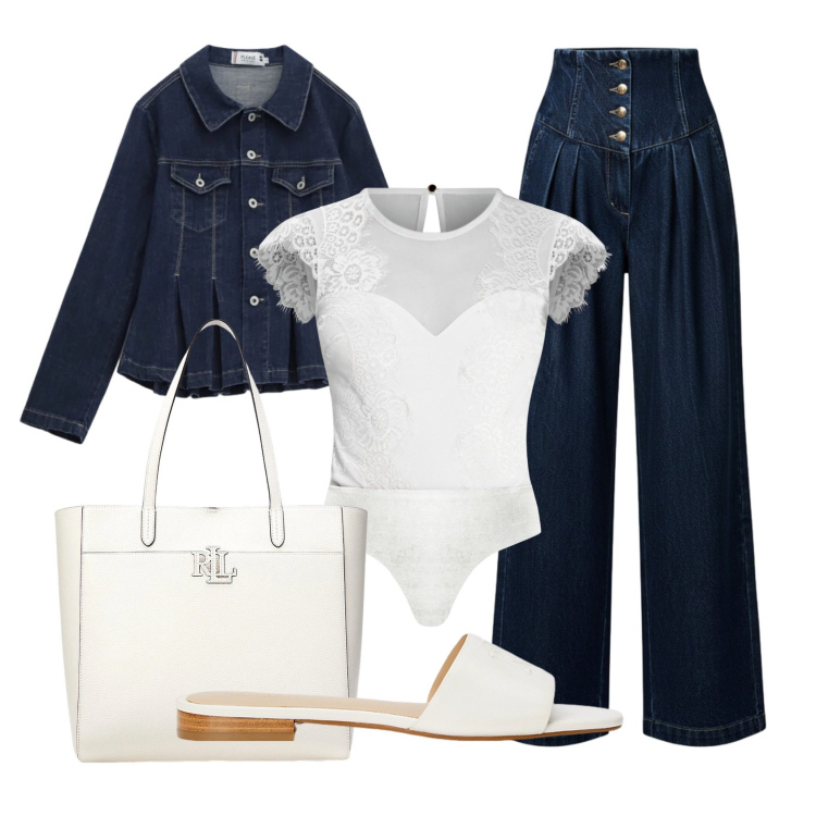 Outfit donna - Total look #2393560. Stile Casual chic per Tutti i giorni. Abbinamento con blazer, top, jeans, borse tote, ciabatte.