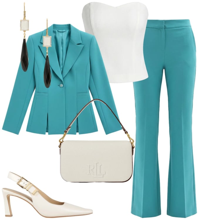 Outfit donna - Cerimonia. Stile Chic per Cerimonia. Abbinamento con décolleté, top, pantaloni a palazzo, blazer, orecchini, borse a spalla.
