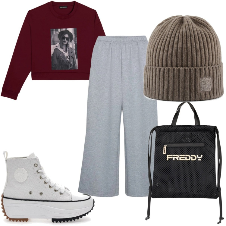 Outfit donna - Total look #2393562. Stile Urban per Tutti i giorni. Abbinamento con pantaloni, zaini, felpe, sneakers alte, berretti.
