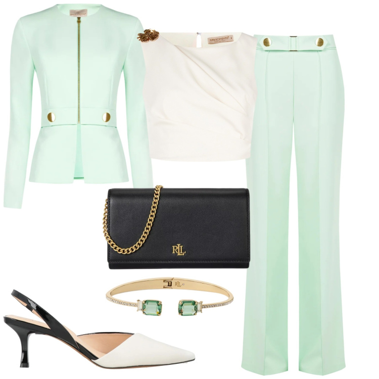 Outfit donna - Cerimonia. Stile Chic per Cerimonia. Abbinamento con décolleté, top, blazer, pantaloni, borse a tracolla, braccialetti.