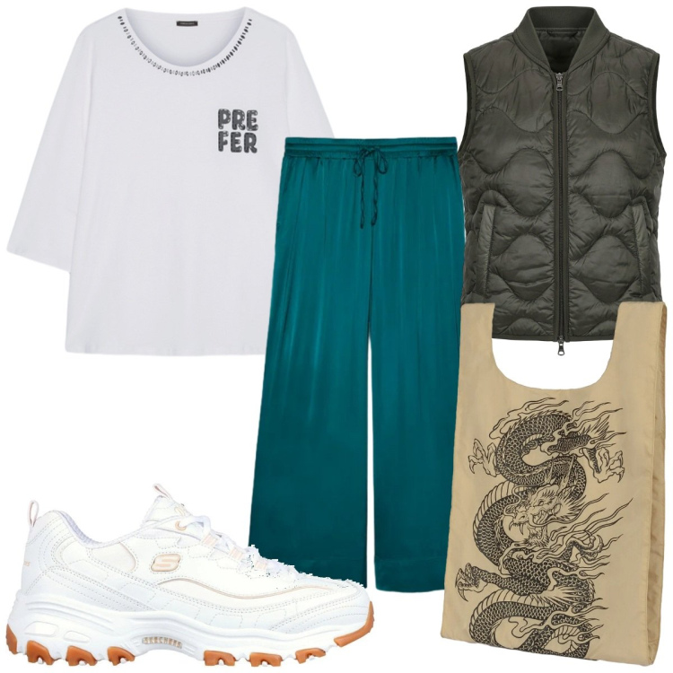 Outfit donna - Total look #2393566. Stile Trendy per Tutti i giorni. Abbinamento con t-shirt, pantaloni, shopping bag, piumini, sneakers.