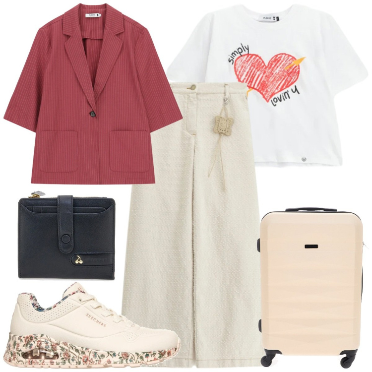 Outfit donna - Viaggiare comodi. Stile Casual chic per Tutti i giorni. Abbinamento con pantaloni a palazzo, t-shirt, blazer, valigie, sneakers alte, portafogli.