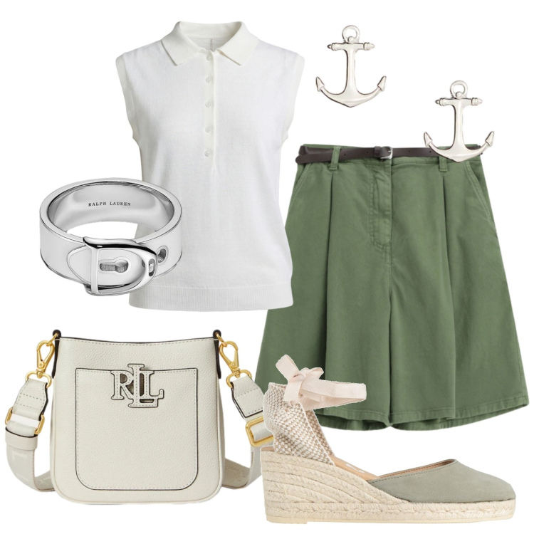 Outfit donna - Total look #2393568. Stile Casual chic per Tutti i giorni. Abbinamento con espadrillas, polo, shorts, borse a tracolla, orecchini, anelli.