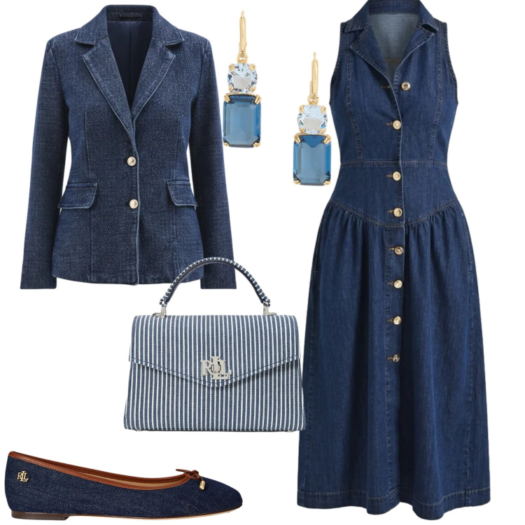 Outfit donna - City. Stile Casual chic per Tutti i giorni. Abbinamento con blazer, vestiti chemisier, ballerine, orecchini, borse a mano.