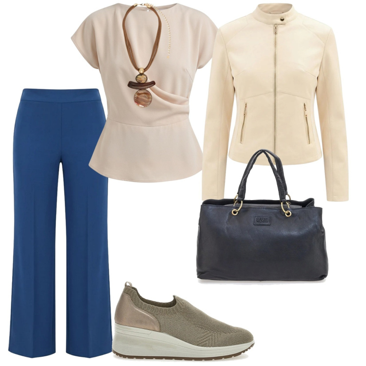 Outfit donna - Di giorno. Abbinamento con pantaloni a palazzo, bluse, giacche, ciondoli, scarpe stringate, borse a mano.