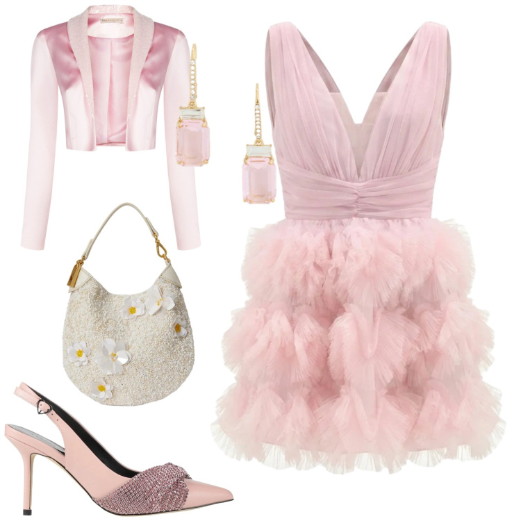 Outfit donna - Una nuvoletta. Stile Glamour per Cerimonia. Abbinamento con décolleté, bolero, vestiti corti, pochette, orecchini.