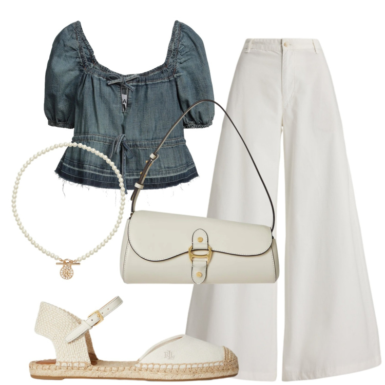 Outfit donna - Total look #2393574. Stile 70s per Tutti i giorni. Abbinamento con top, ciondoli, borse a spalla, espadrillas, pantaloni.