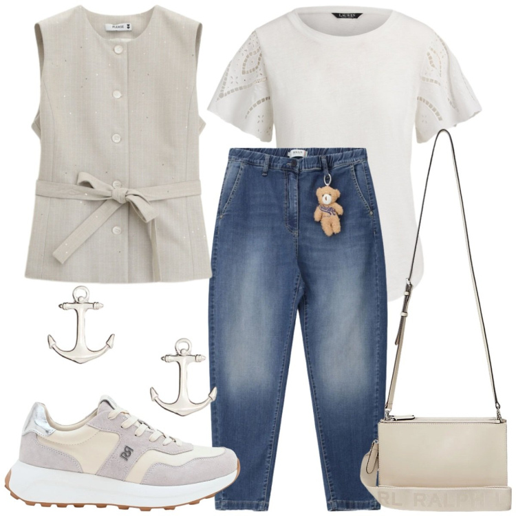 Outfit donna - Denim grigio. Stile Casual chic per Tutti i giorni. Abbinamento con jeans, gilet, sneakers, borse a tracolla, t-shirt, orecchini.