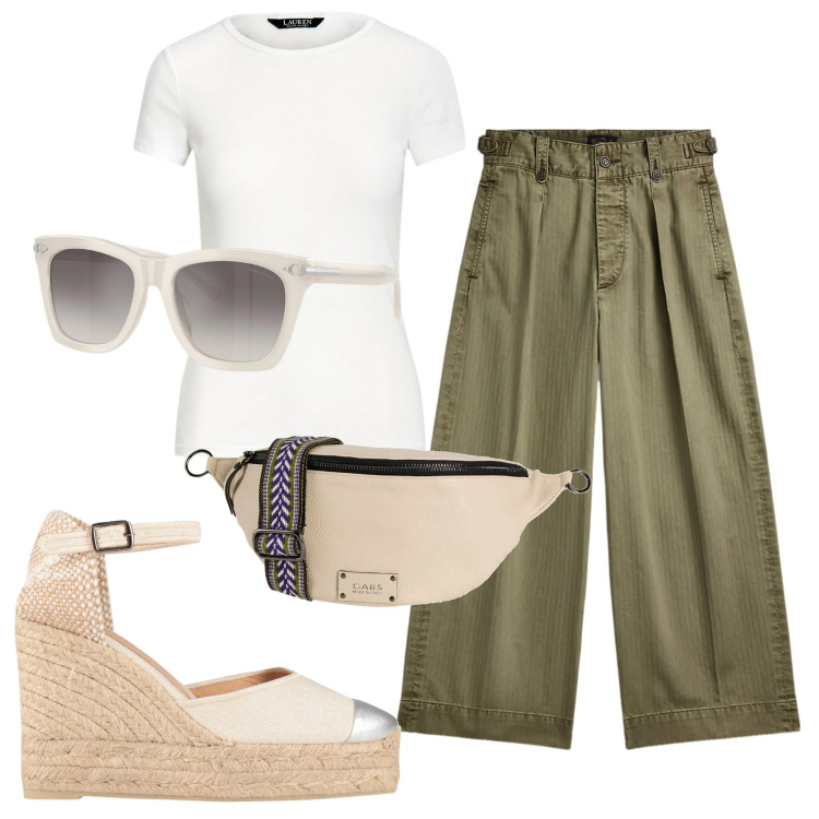Outfit donna - Total look #2393577. Stile 70s per Tutti i giorni. Abbinamento con marsupi, espadrillas, pantaloni, t-shirt, occhiali da sole.
