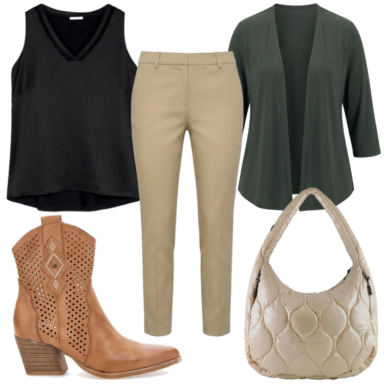 Outfit donna - Total look #2393578. Stile Trendy per Tutti i giorni. Abbinamento con pantaloni skinny, top, blazer, borse tote, stivaletti texani.