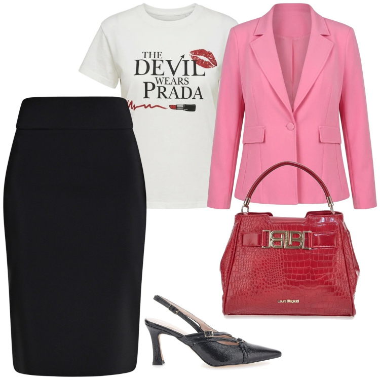 Outfit donna - Con amiche al cinema. per Serata fuori. Abbinamento con gonne longuette, blazer, t-shirt, décolleté, borse a mano.