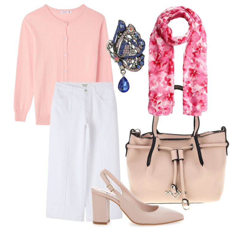 Outfit donna - Peach blush. Stile Casual chic per Ufficio. Abbinamento con foulard, cardigans, pantaloni, ciondoli, décolleté, borse a spalla.