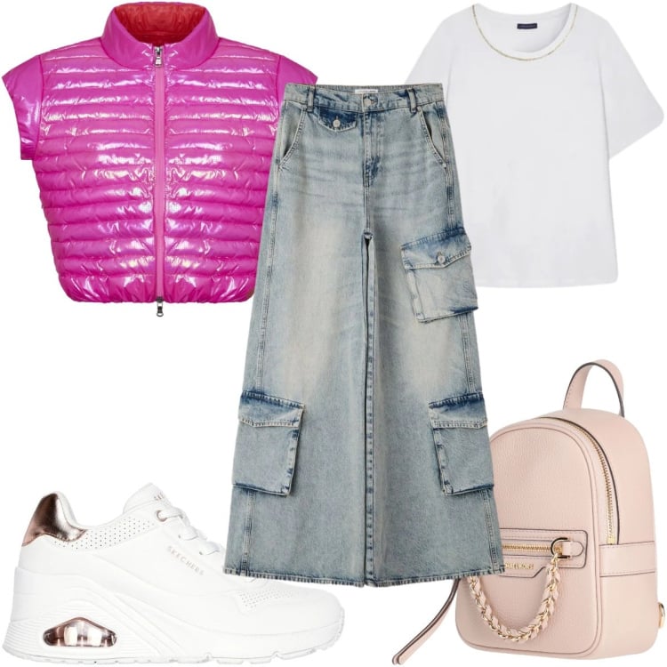 Outfit donna - Total look #2393581. Stile Urban per Tutti i giorni. Abbinamento con zaini, jeans, t-shirt, blazer, sneakers alte.