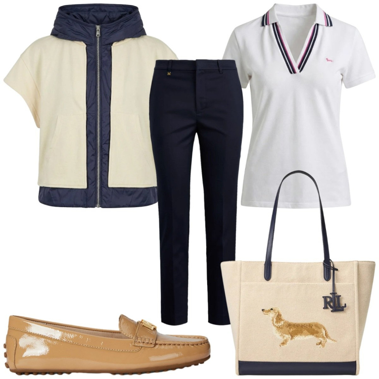 Outfit donna - Total look #2393582. Stile Casual per Tutti i giorni. Abbinamento con polo, piumini, pantaloni, mocassini, borse tote.