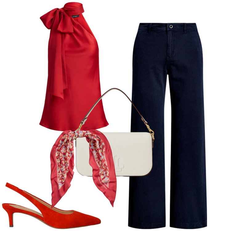 Outfit donna - Ralph Lauren. Stile Casual chic per Tutti i giorni. Abbinamento con pantaloni, décolleté, borse a spalla, top, foulard.
