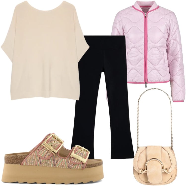 Outfit donna - Total look #2393584. Stile Casual per Tutti i giorni. Abbinamento con marsupi, t-shirt, piumini, leggings, ciabatte.