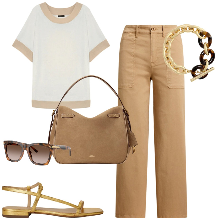 Outfit donna - City. Stile Urban per Tutti i giorni. Abbinamento con t-shirt, borse a mano, pantaloni, occhiali da sole, braccialetti, sandali in pelle.