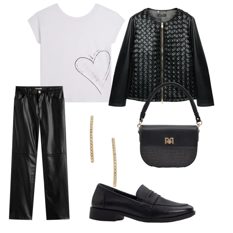 Outfit donna - Stasera cinema. per Serata fuori. Abbinamento con mocassini, pantaloni, blazer, borse a spalla, t-shirt, orecchini.