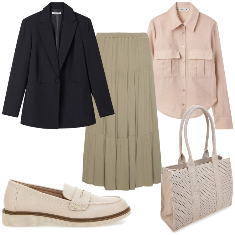 Outfit donna - Total look #2393589. Stile Basic per Tutti i giorni. Abbinamento con blazer, camicie, gonne lunghe, mocassini, borse a spalla.