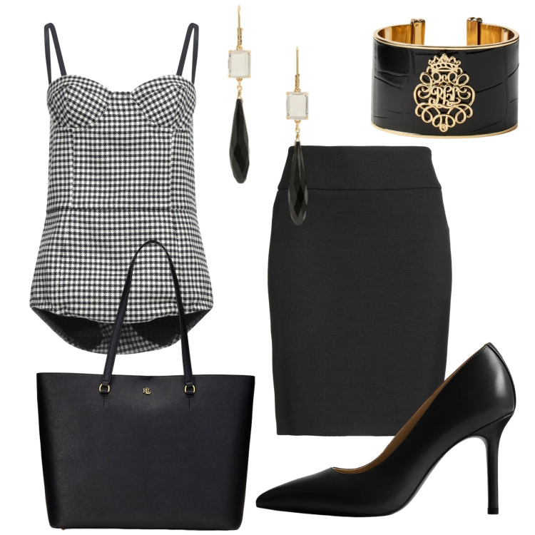 Outfit donna - Total look #2393590. Stile Preppy per Ufficio. Abbinamento con minigonne, top, borse tote, décolleté, orecchini, braccialetti.
