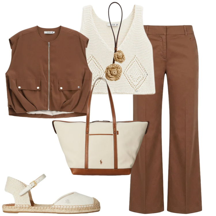 Outfit donna - City. Stile Urban per Tutti i giorni. Abbinamento con pantaloni, top, gilet, borse tote, ciondoli, espadrillas.