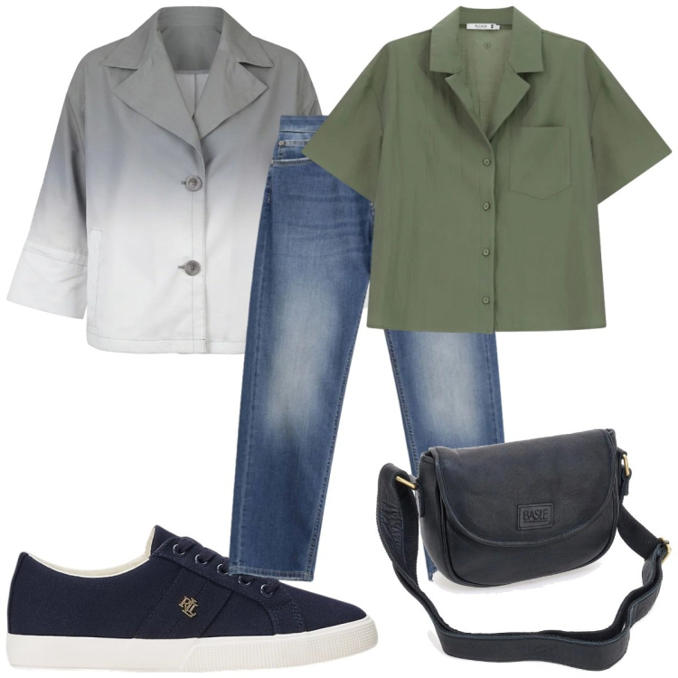 Outfit donna - Total look #2393592. Stile Basic per Tutti i giorni. Abbinamento con camicie a manica corta, jeans dritti, cappotti, sneakers, borse a tracolla.