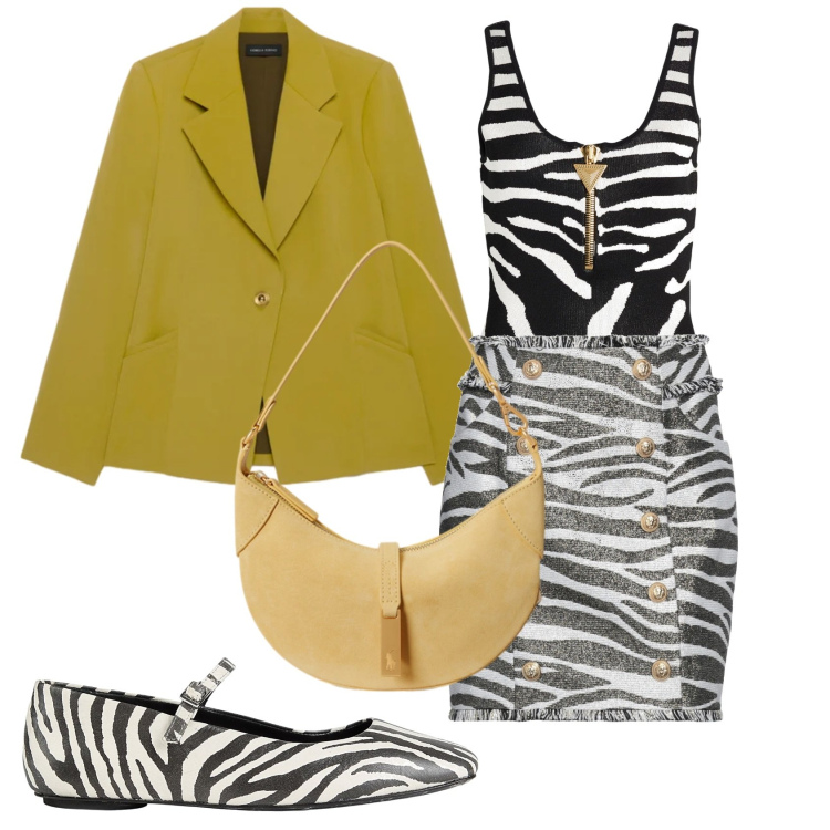 Outfit donna - Total look #2393594. Stile Trendy per Ufficio. Abbinamento con ballerine, minigonne, body, blazer, borse a spalla.