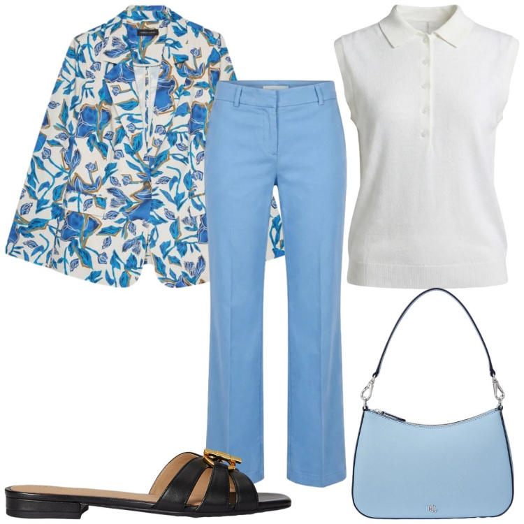 Outfit donna - Total look #2393595. Stile Trendy per Tutti i giorni. Abbinamento con pantaloni, polo, blazer, borse a spalla, ciabatte.