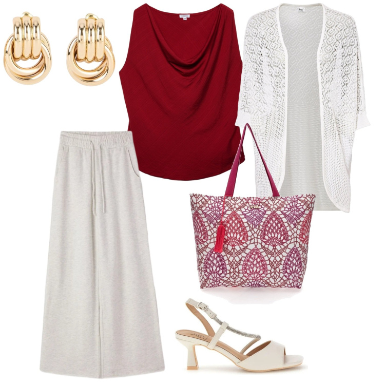Outfit donna - Maggio caldo. per Tutti i giorni. Abbinamento con cardigans, orecchini, pantaloni, top, shopping bag, sandali col tacco.