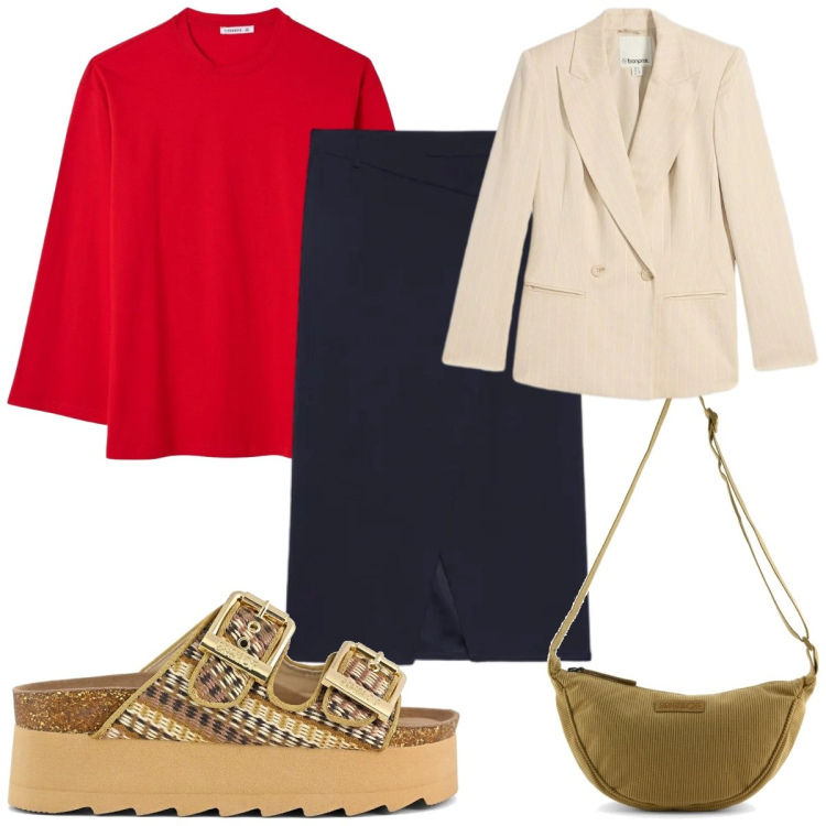 Outfit donna - Total look #2393597. Stile Casual per Tutti i giorni. Abbinamento con blazer, t-shirt, gonne longuette, sandali, borse a tracolla.