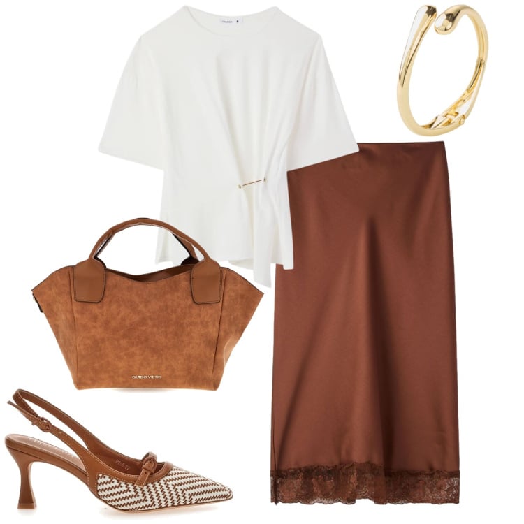 Outfit donna - Aperitivo. Stile Chic per Serata fuori. Abbinamento con braccialetti, gonne longuette, t-shirt, borse a mano, décolleté.