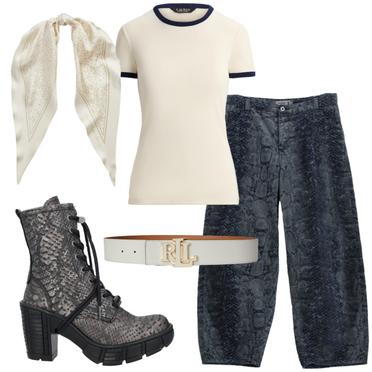 Outfit donna - Total look #2393599. Stile Casual per Tutti i giorni. Abbinamento con stivaletti, jeans, cinture, foulard, t-shirt.