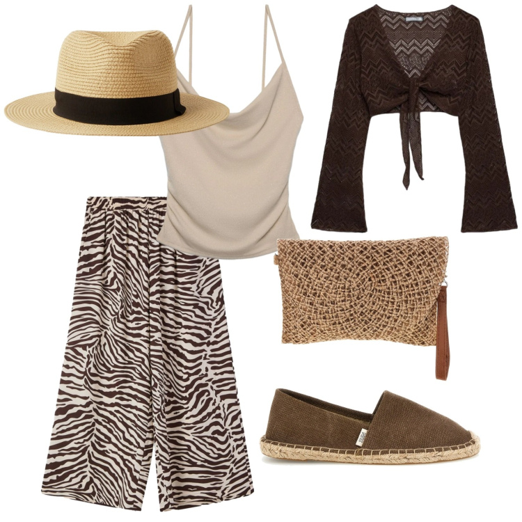Outfit donna - Aperitivo al mare. per Mare. Abbinamento con cappelli, pantaloni, top, canottiere, espadrillas, borse a tracolla.