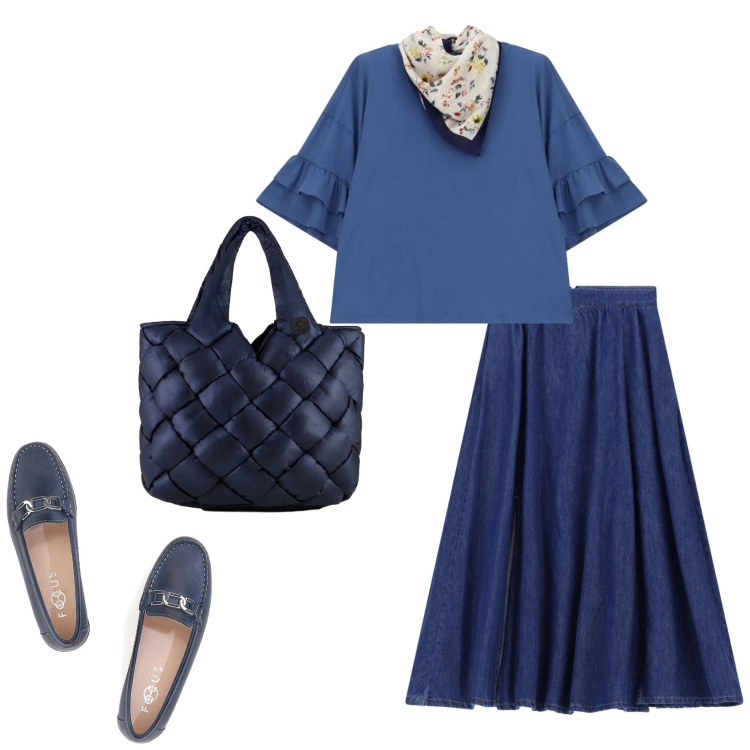 Outfit donna - Casual style. Stile Casual chic per Ufficio. Abbinamento con gonne lunghe, top, borse tote, mocassini.