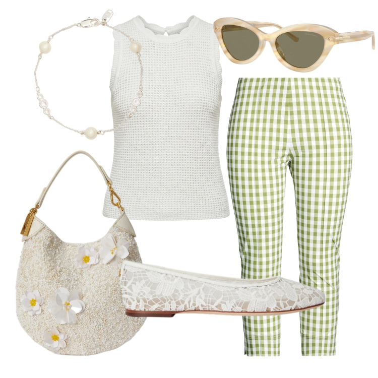 Outfit donna - Anni \'60. Stile Vintage retrò per Tutti i giorni. Abbinamento con leggings, canottiere, occhiali da sole, braccialetti, ballerine, pochette.
