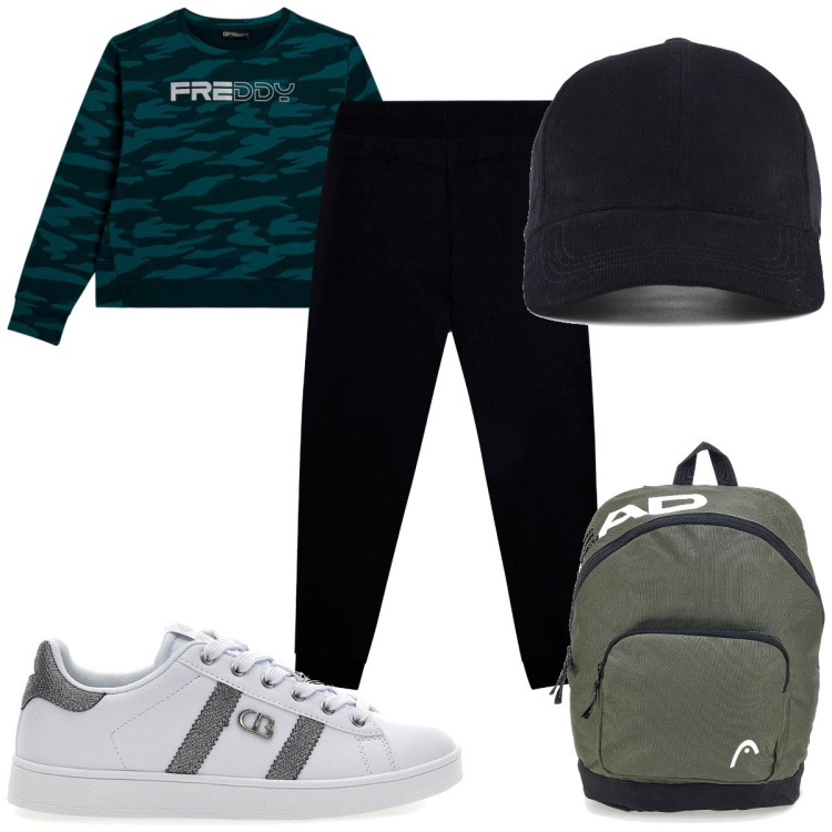 Outfit donna - Total look #2393603. Stile Basic per Tutti i giorni. Abbinamento con pantaloni, felpe, cappelli con visiera, sneakers, borse sportive.