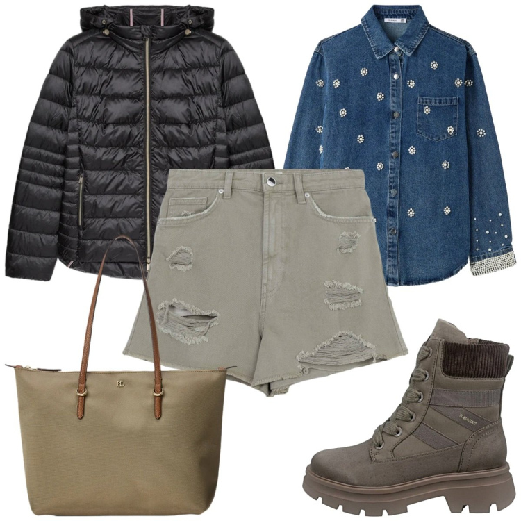 Outfit donna - Total look #2393605. Stile Trendy per Tutti i giorni. Abbinamento con shorts, camicie, piumini, borse tote, anfibi.