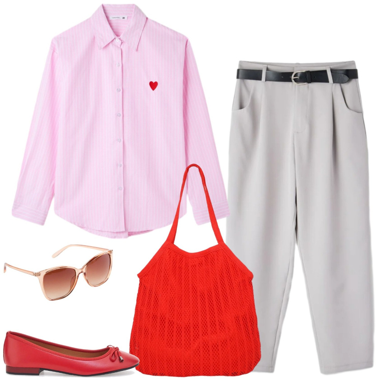 Outfit donna - Accessori rossi. Stile Casual per Ufficio. Abbinamento con occhiali da sole, shopping bag, pantaloni, camicie, ballerine.