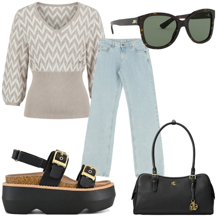 Outfit donna - Total look #2393611. Stile Trendy per Tutti i giorni. Abbinamento con maglieria, jeans dritti, occhiali da sole, borse a mano, sandali col tacco.