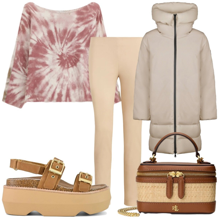 Outfit donna - Total look #2393613. Stile Trendy per Tutti i giorni. Abbinamento con top, cappotti, borse a tracolla, pantaloni skinny, sandali col tacco.