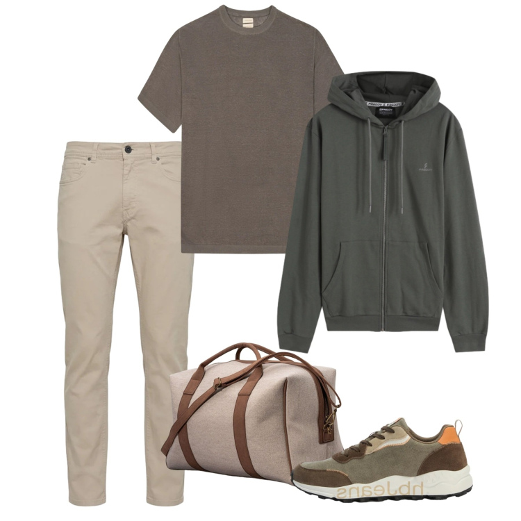 Outfit uomo - Look da viaggio breve. Stile Casual per Tutti i giorni. Abbinamento con pantaloni, sneakers, felpe con cappuccio, t-shirt, borse sportive.