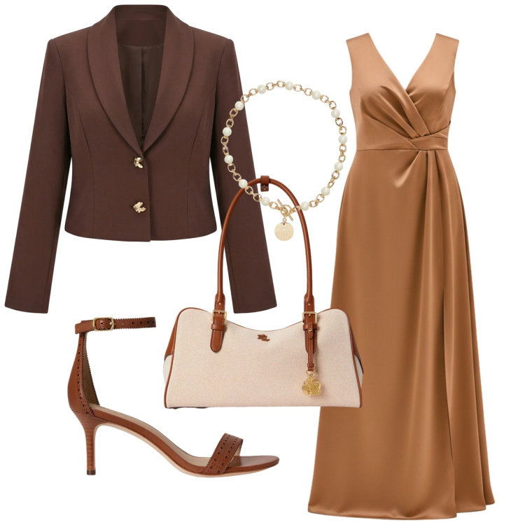 Outfit donna - Total look #2393618. Stile Glamour per Cerimonia. Abbinamento con blazer, vestiti lunghi, sandali in pelle, collane, borse a mano.
