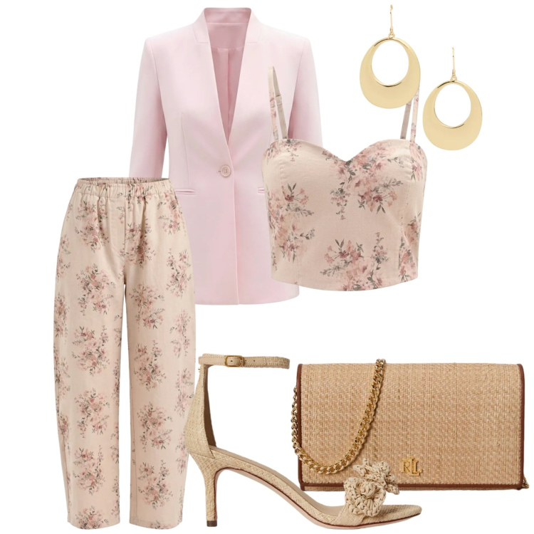Outfit donna - Combo inusuale: denim & rafia. Stile Romantica per Serata fuori. Abbinamento con canottiere, pantaloni, blazer, sandali in pelle, borse a tracolla, orecchini.