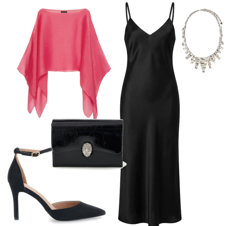 Outfit donna - Serata. Stile Chic per Serata fuori. Abbinamento con vestiti lunghi, blazer, collane, décolleté, pochette.
