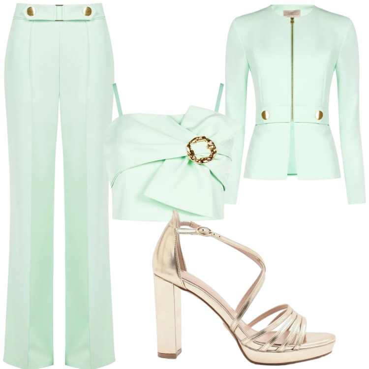Outfit donna - Cerimonie di Primavera. Stile Chic per Cerimonia. Abbinamento con sandali col tacco, top, blazer, pantaloni.