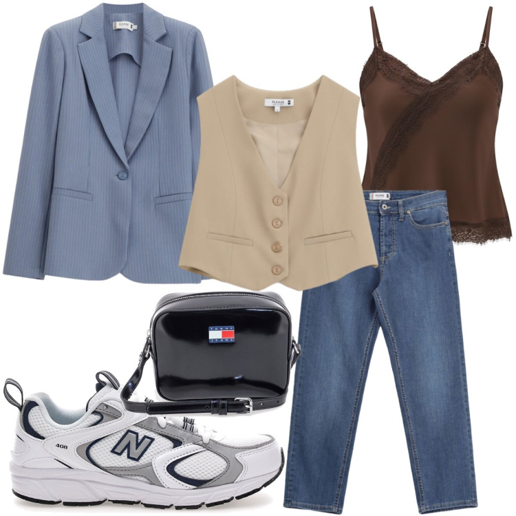 Outfit donna - Jeans e giacca. Stile Casual chic per Ufficio. Abbinamento con blazer, gilet, jeans, canottiere, borse a tracolla, sneakers.