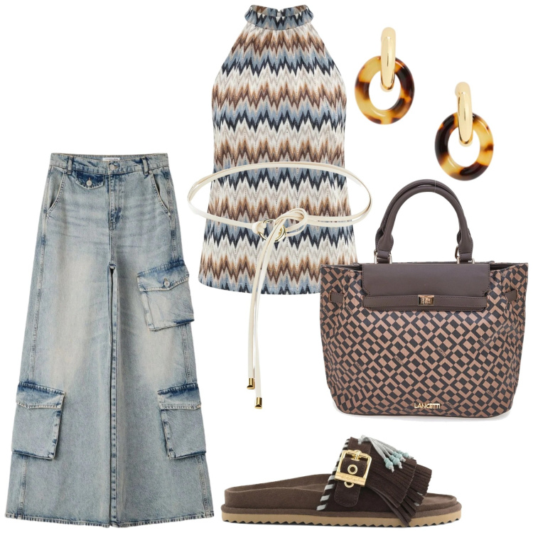 Outfit donna - Total look #2393630. Stile Etnico per Tutti i giorni. Abbinamento con cinture, jeans, canottiere, orecchini, borse a mano, sandali in pelle.