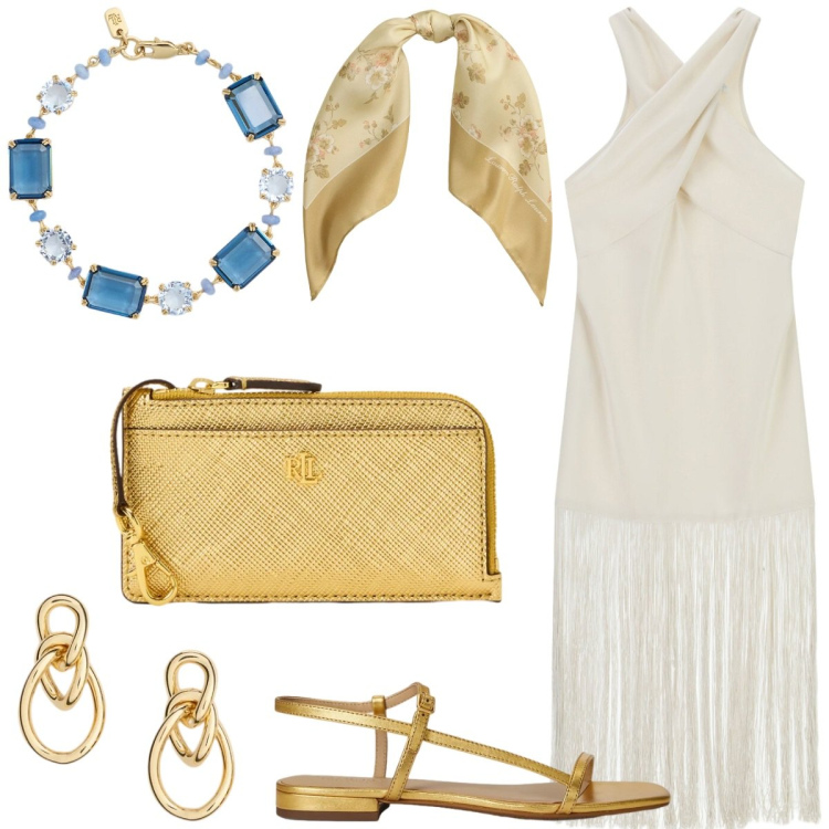 Outfit donna - Proposta di matrimonio in spiaggia. Stile Chic per Cerimonia. Abbinamento con vestiti lunghi, orecchini, portafogli, braccialetti, sandali in pelle, foulard.
