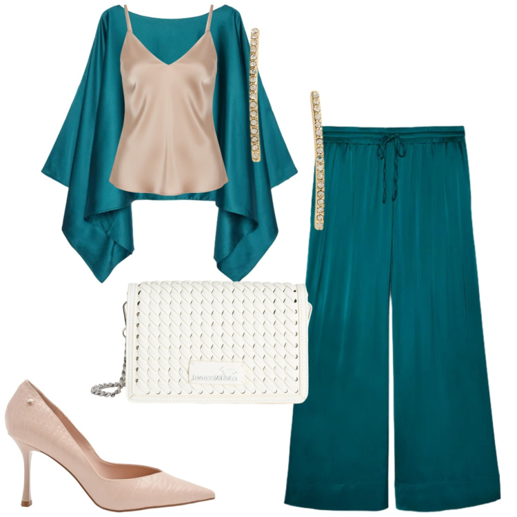 Outfit donna - Cerimonia Fiorella Rubino. Stile Chic per Cerimonia. Abbinamento con cappe, pantaloni, borse a tracolla, décolleté, top, orecchini.