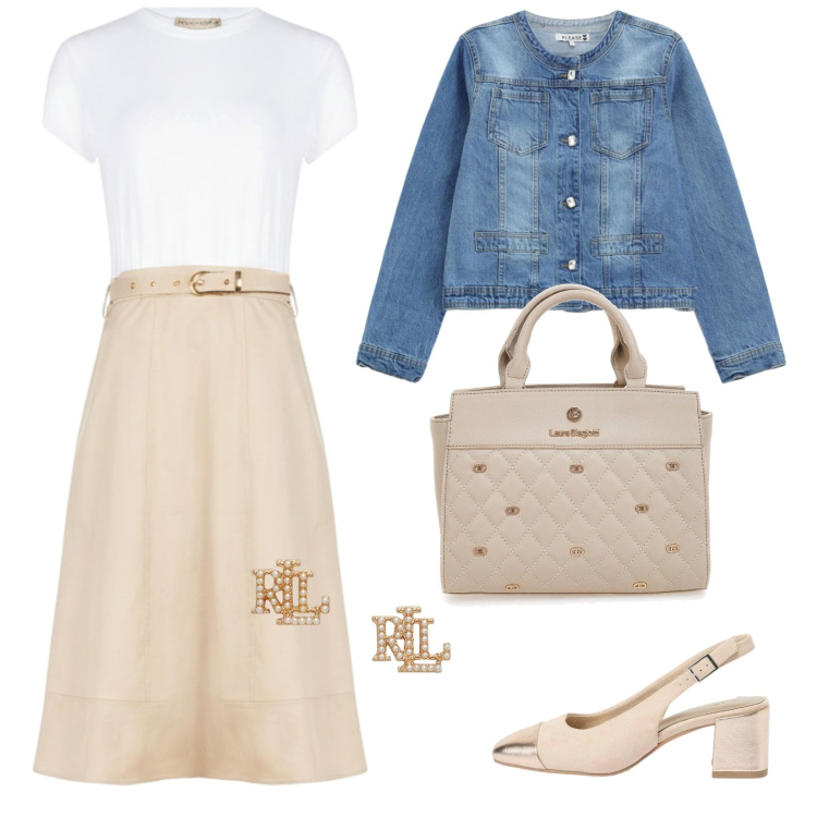 Outfit donna - Oro. Stile Casual chic per Ufficio. Abbinamento con décolleté, blazer, vestiti midi/longuette, orecchini, borse a mano.